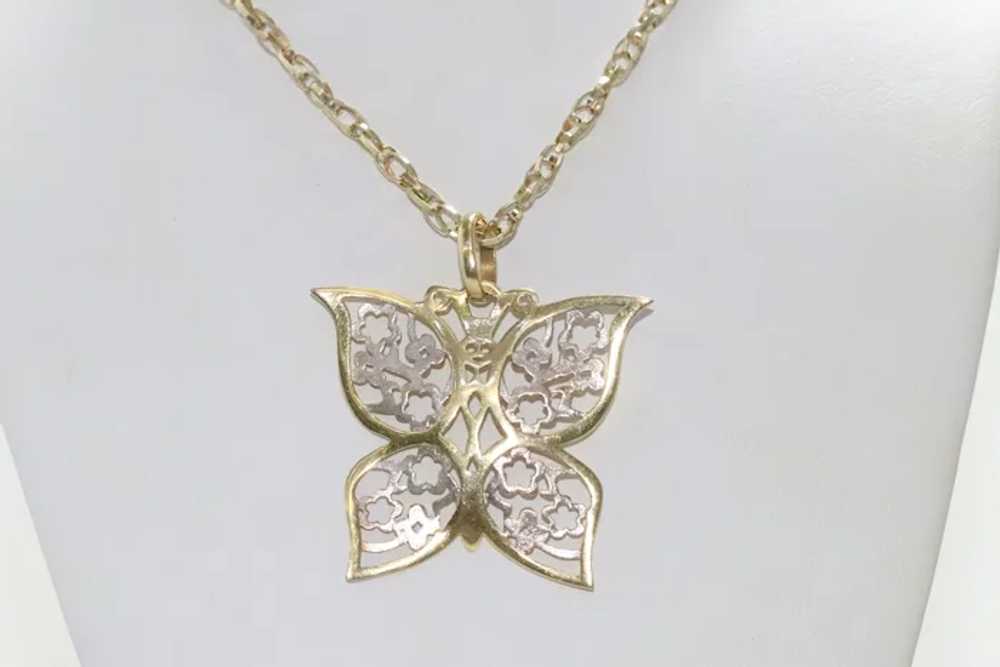 14KT Two Tone Gold Floral Butterfly Necklace - image 2
