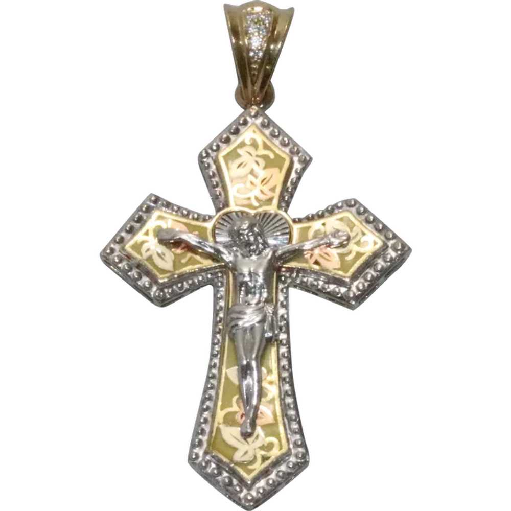 14 KT Tri-Colored Gold Religious Cross Pendant - image 1