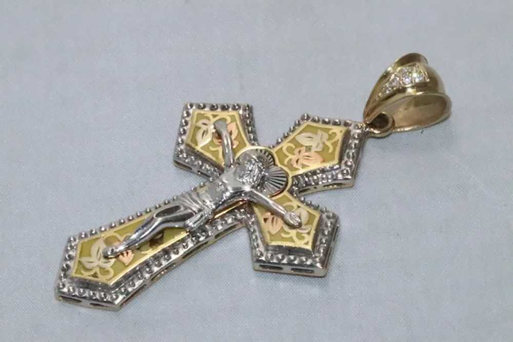 14 KT Tri-Colored Gold Religious Cross Pendant - image 2