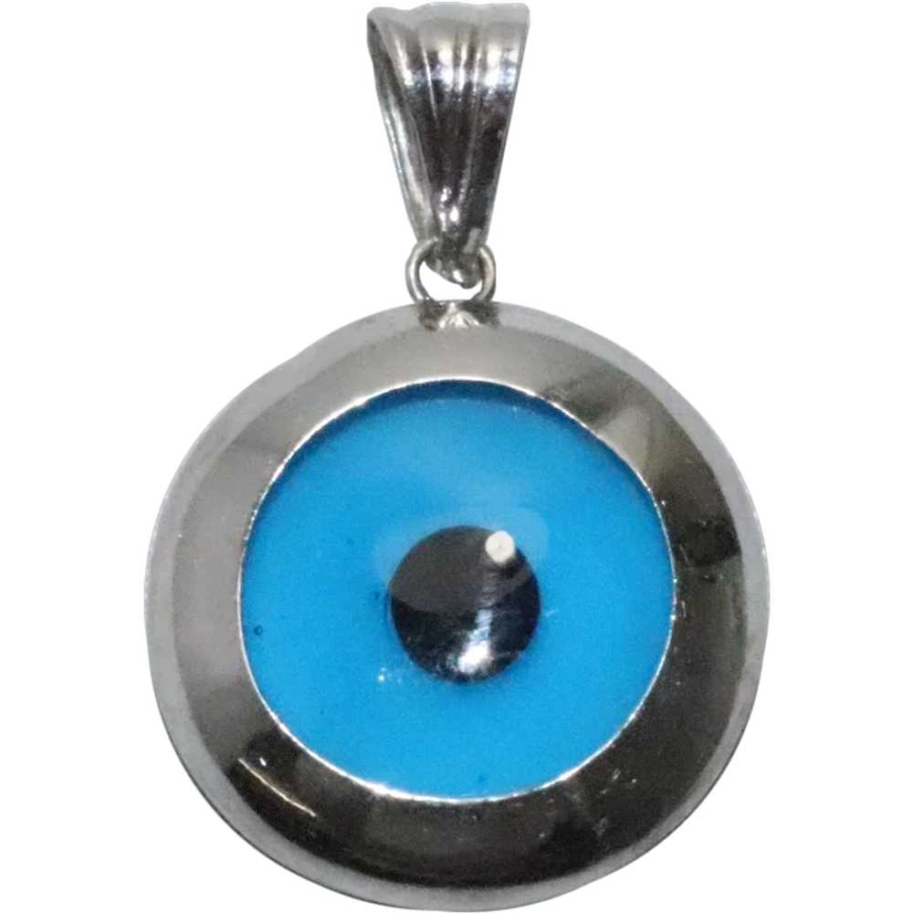 14 KT White Gold Round Evil Eye Pendant - image 1