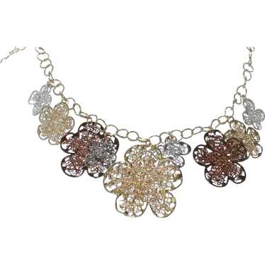 14KT Tri Tone Gold Floral Filigree Necklace