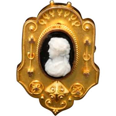 Etruscan 14K Gold Cameo Brooch Hair Locket Antique - image 1