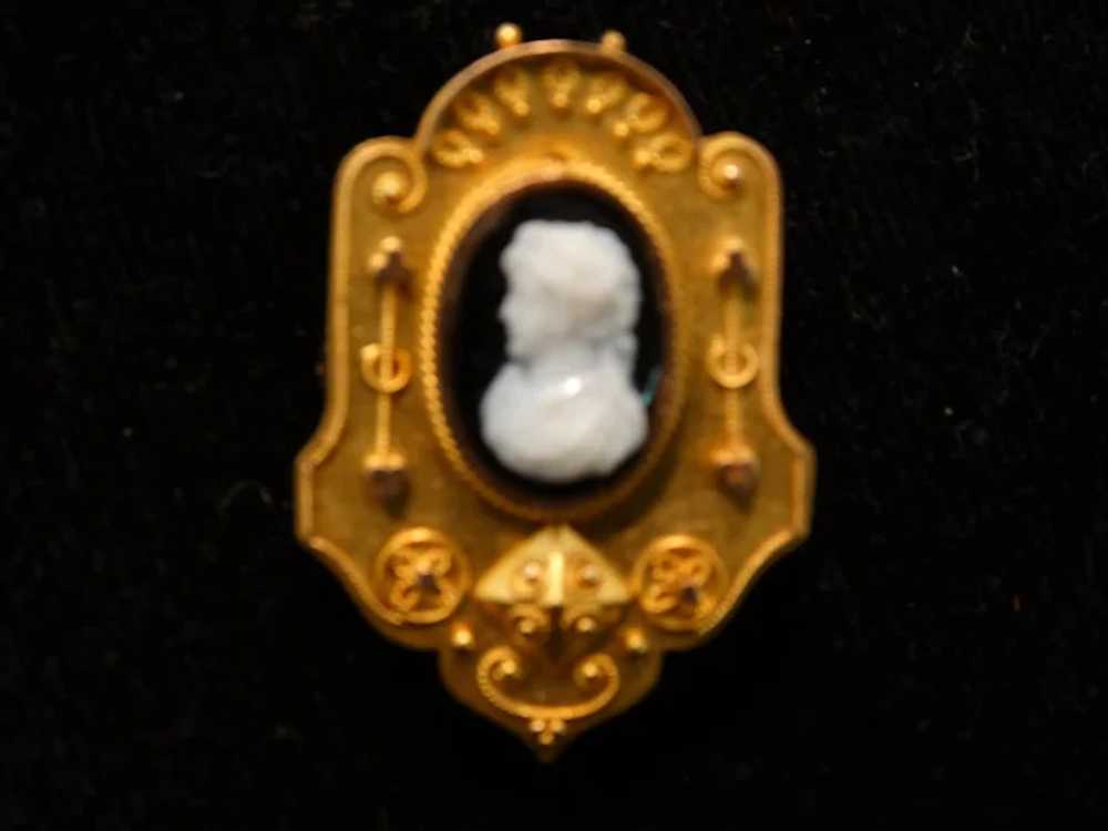 Etruscan 14K Gold Cameo Brooch Hair Locket Antique - image 2