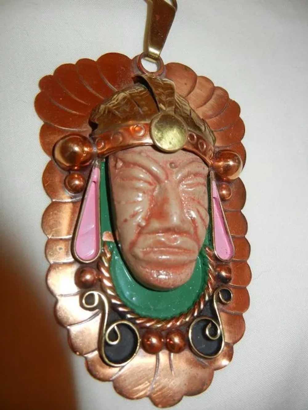 Fantastic huge copper Mexico carved enameled Trib… - image 6