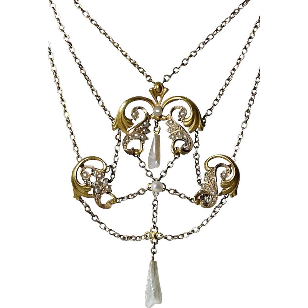 10k Pearl Art Nouveau Festoon Necklace - image 1