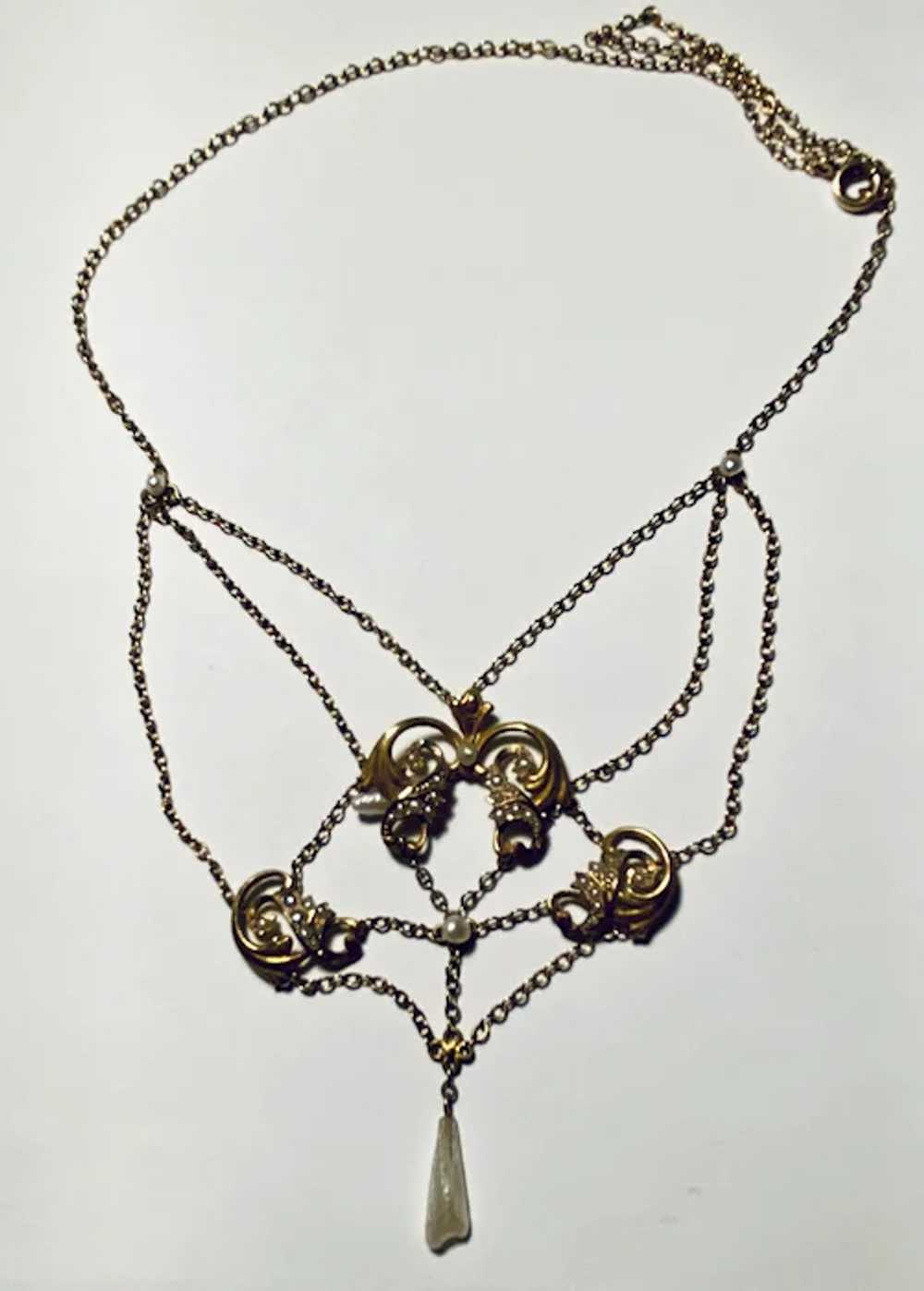 10k Pearl Art Nouveau Festoon Necklace - image 3