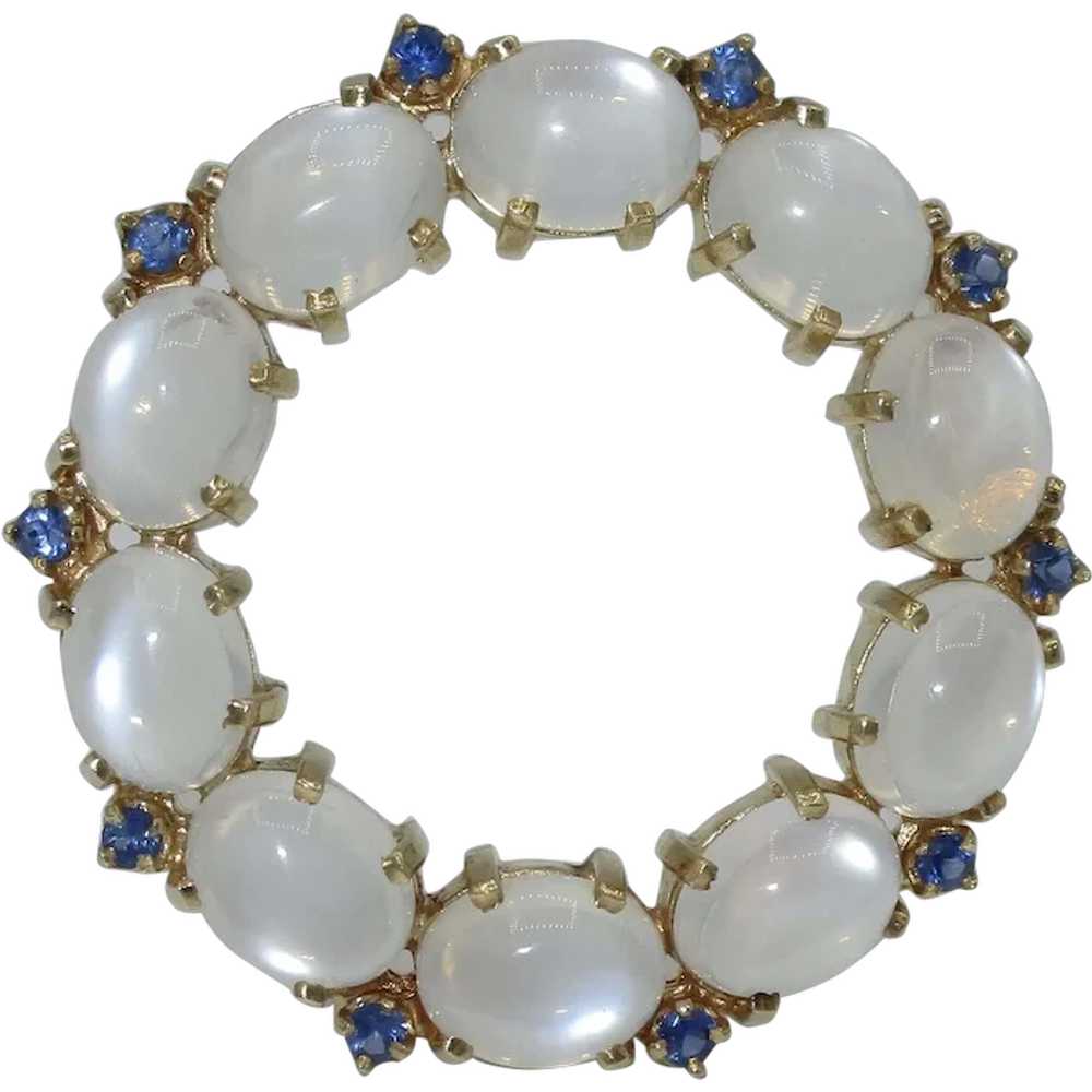 Retro 14K Moonstone Sapphire Circle Brooch - image 1