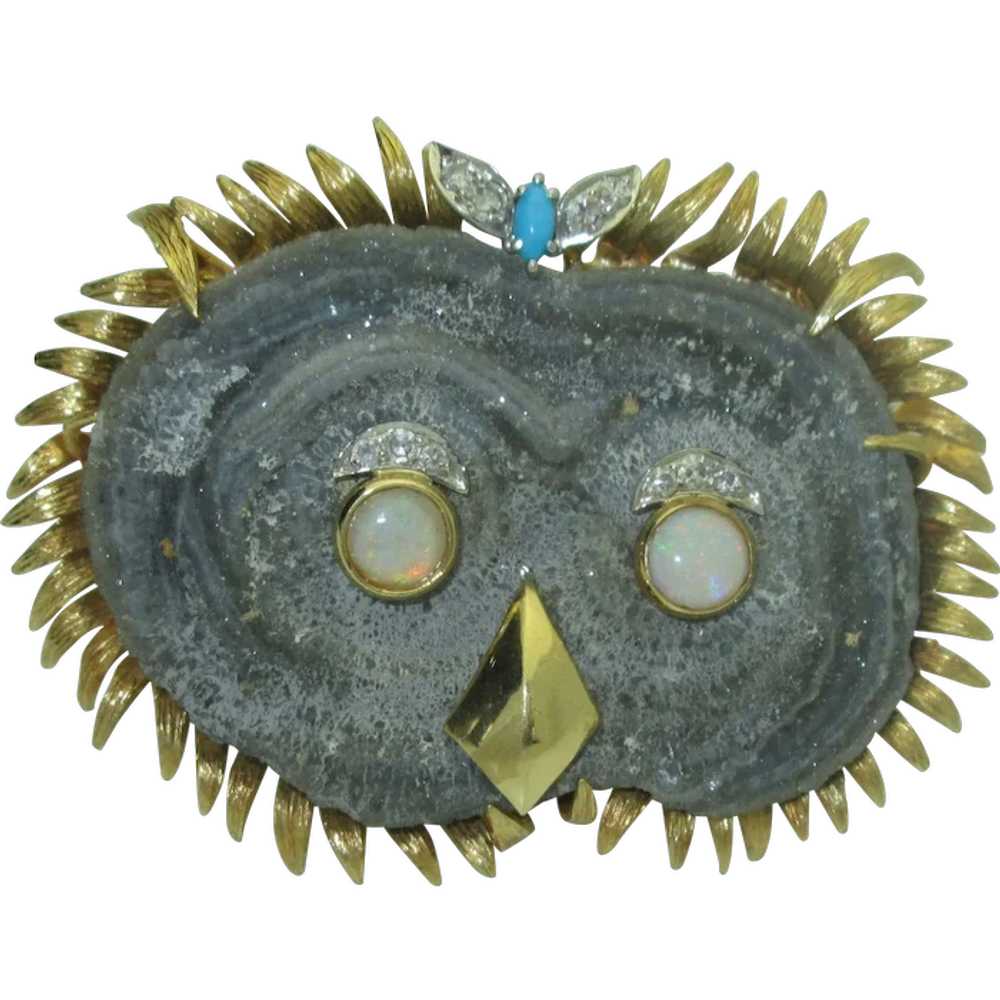 Rare Vintage 18K Druzy Owl Brooch Grima Style - image 1