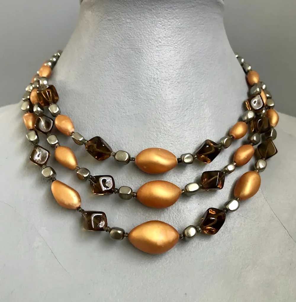 Vintage 3 strand orange gray quartz pearl necklac… - image 2