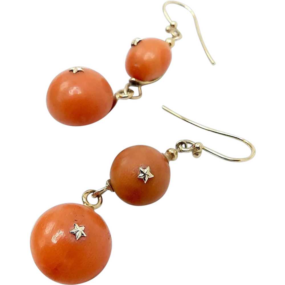 Victorian 18K Gold French Coral Ball Dangle Earri… - image 1