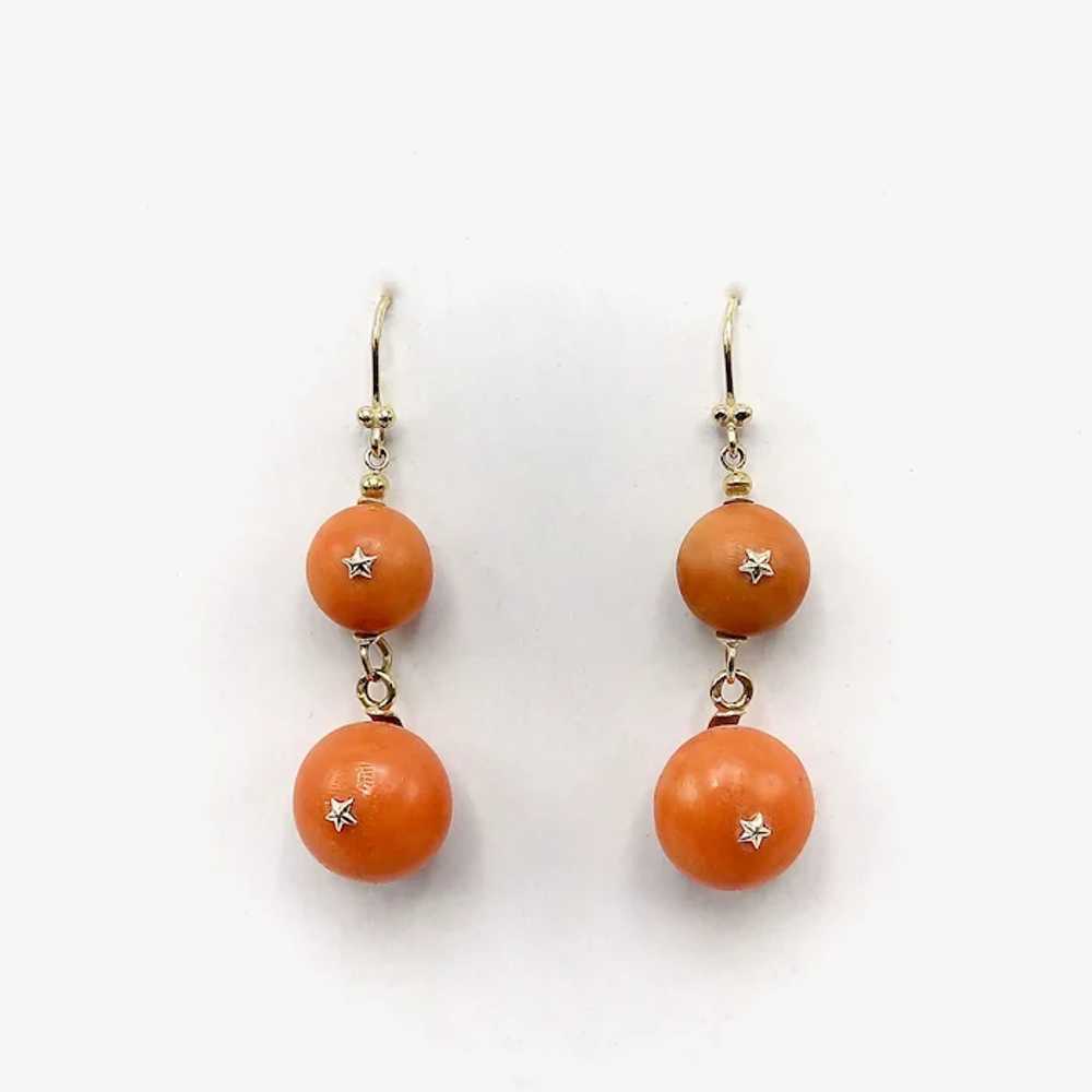 Victorian 18K Gold French Coral Ball Dangle Earri… - image 2