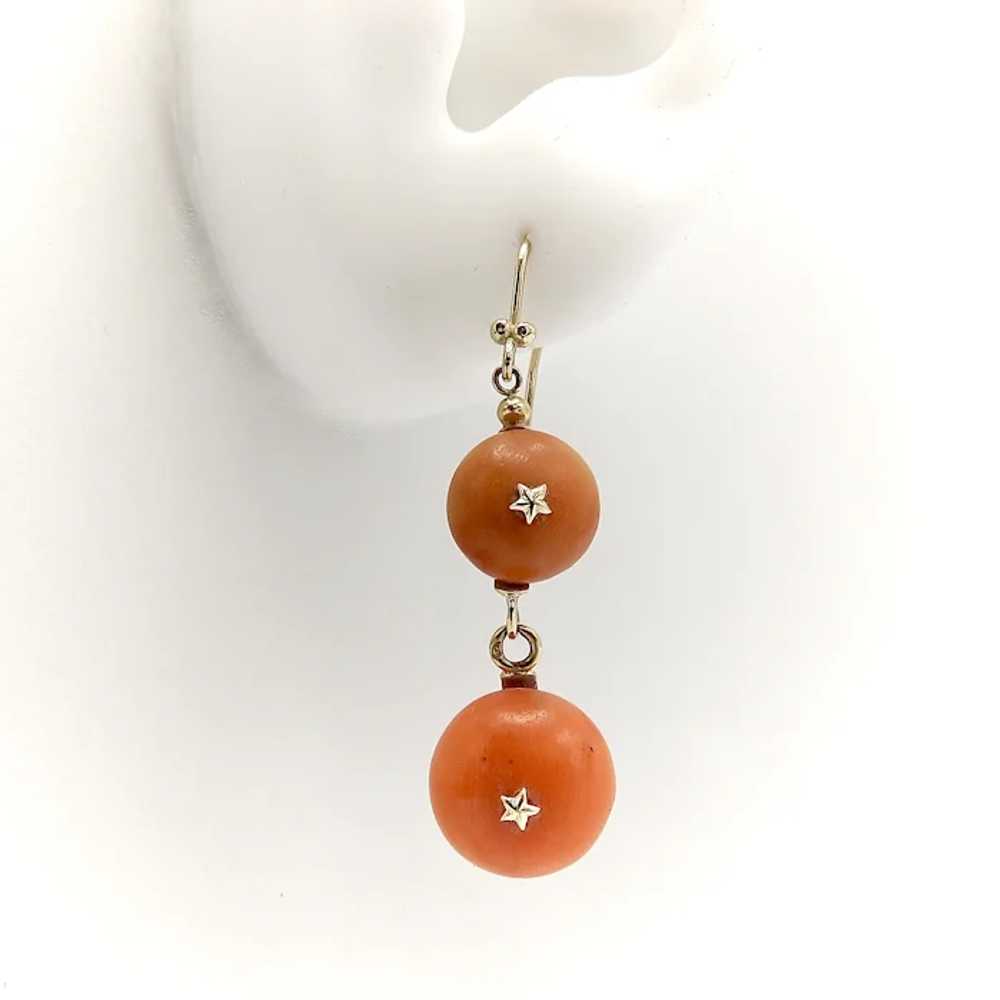 Victorian 18K Gold French Coral Ball Dangle Earri… - image 3