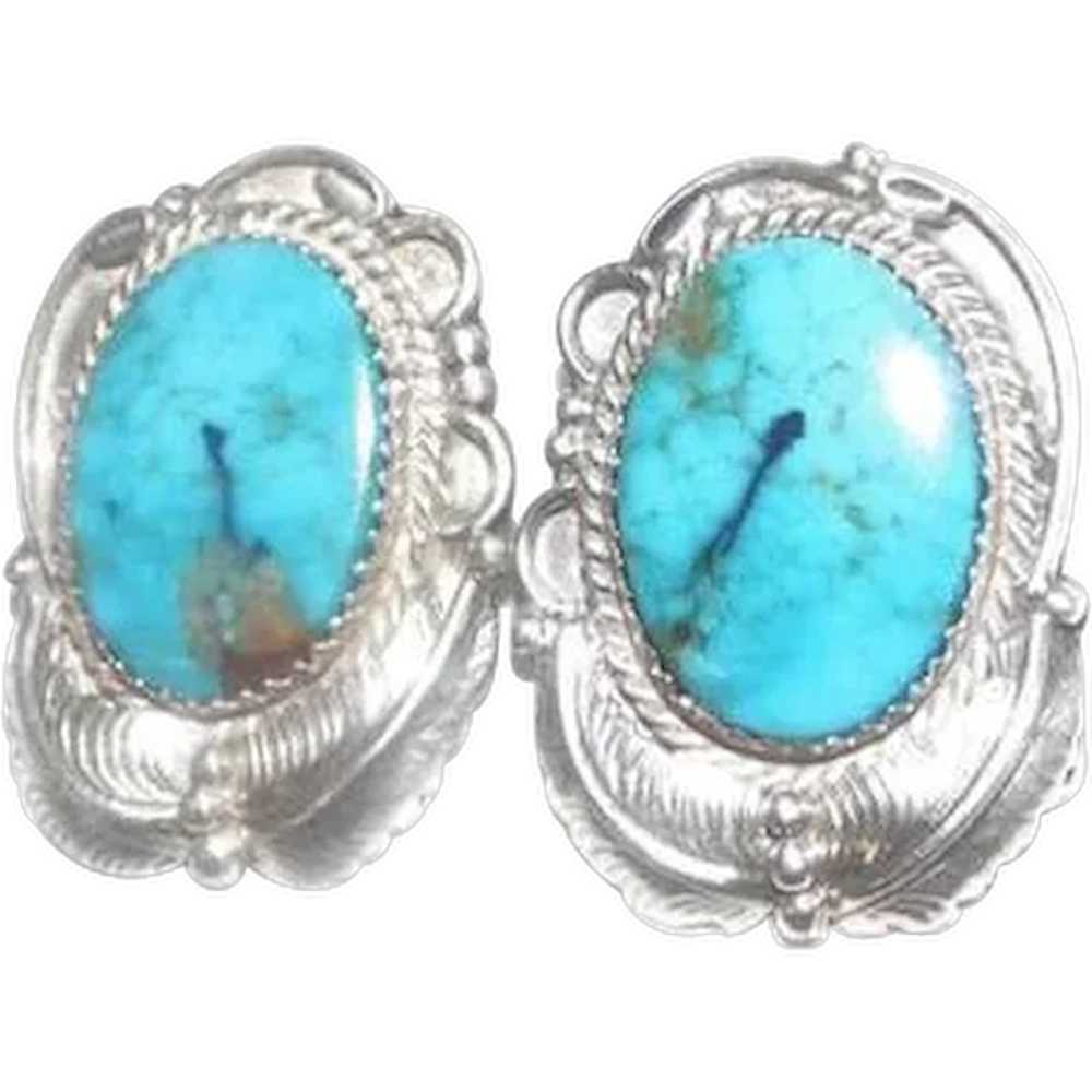 Pair of Turquoise Stone on Sterling Marked DD Ear… - image 1