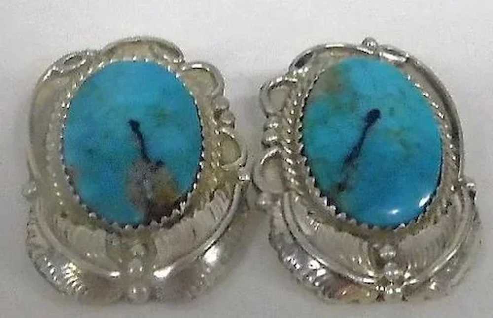 Pair of Turquoise Stone on Sterling Marked DD Ear… - image 3