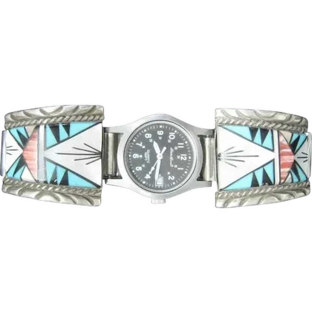 Sterling T & J Inlaid Zuni Watch Band & Eddie Bau… - image 1