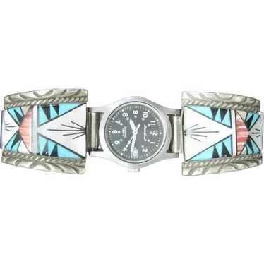 Sterling T & J Inlaid Zuni Watch Band & Eddie Bau… - image 1