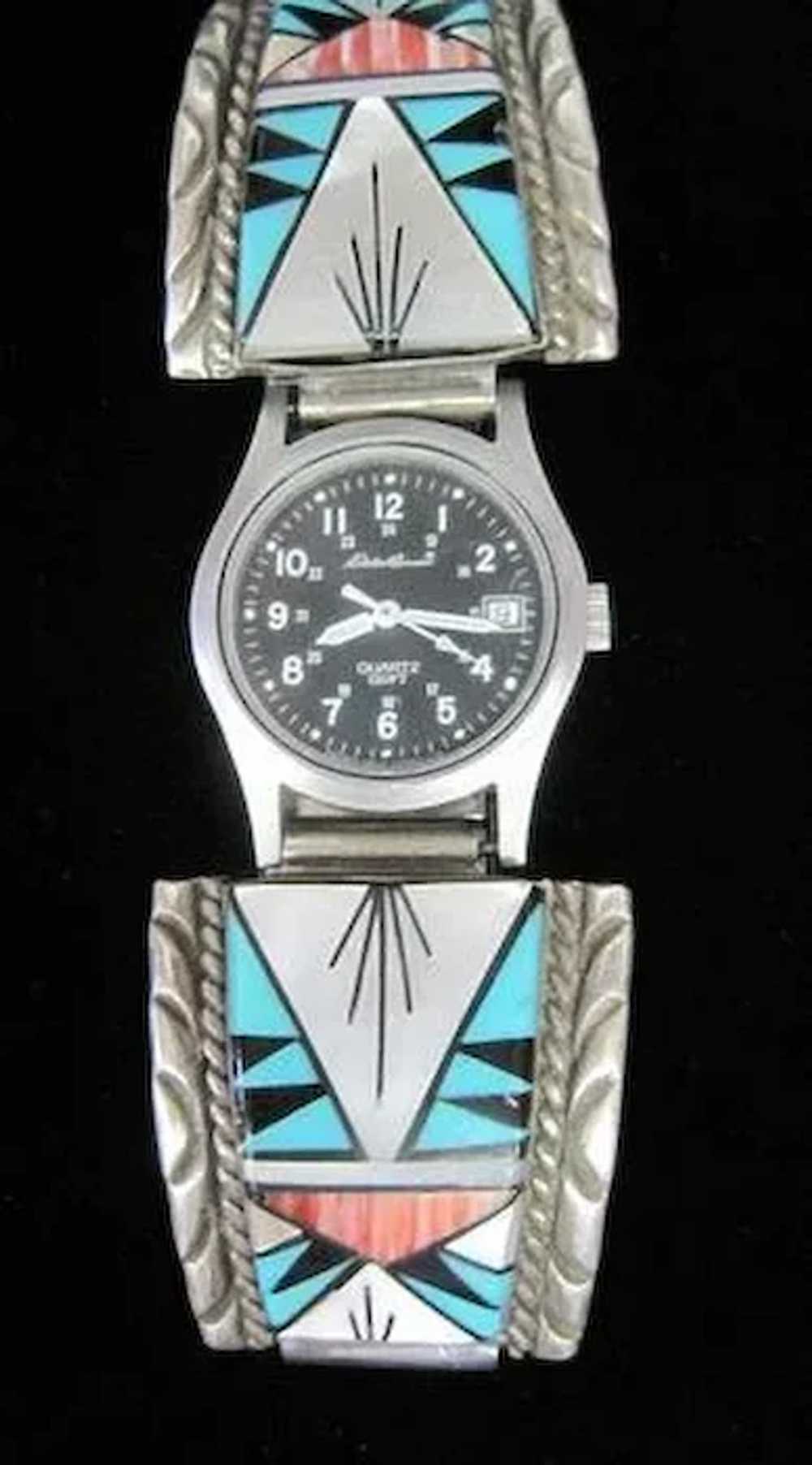 Sterling T & J Inlaid Zuni Watch Band & Eddie Bau… - image 2