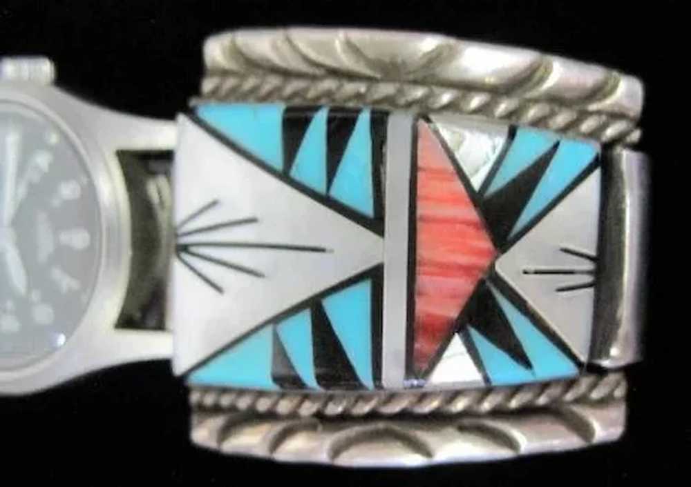 Sterling T & J Inlaid Zuni Watch Band & Eddie Bau… - image 3