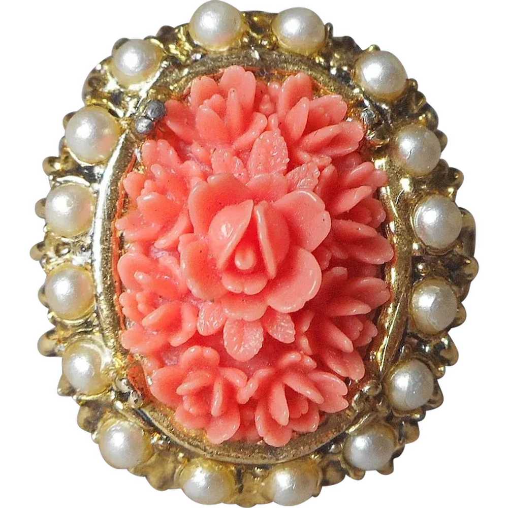 Faux Carved Coral Flowers Faux Pearls Ring Vintag… - image 1