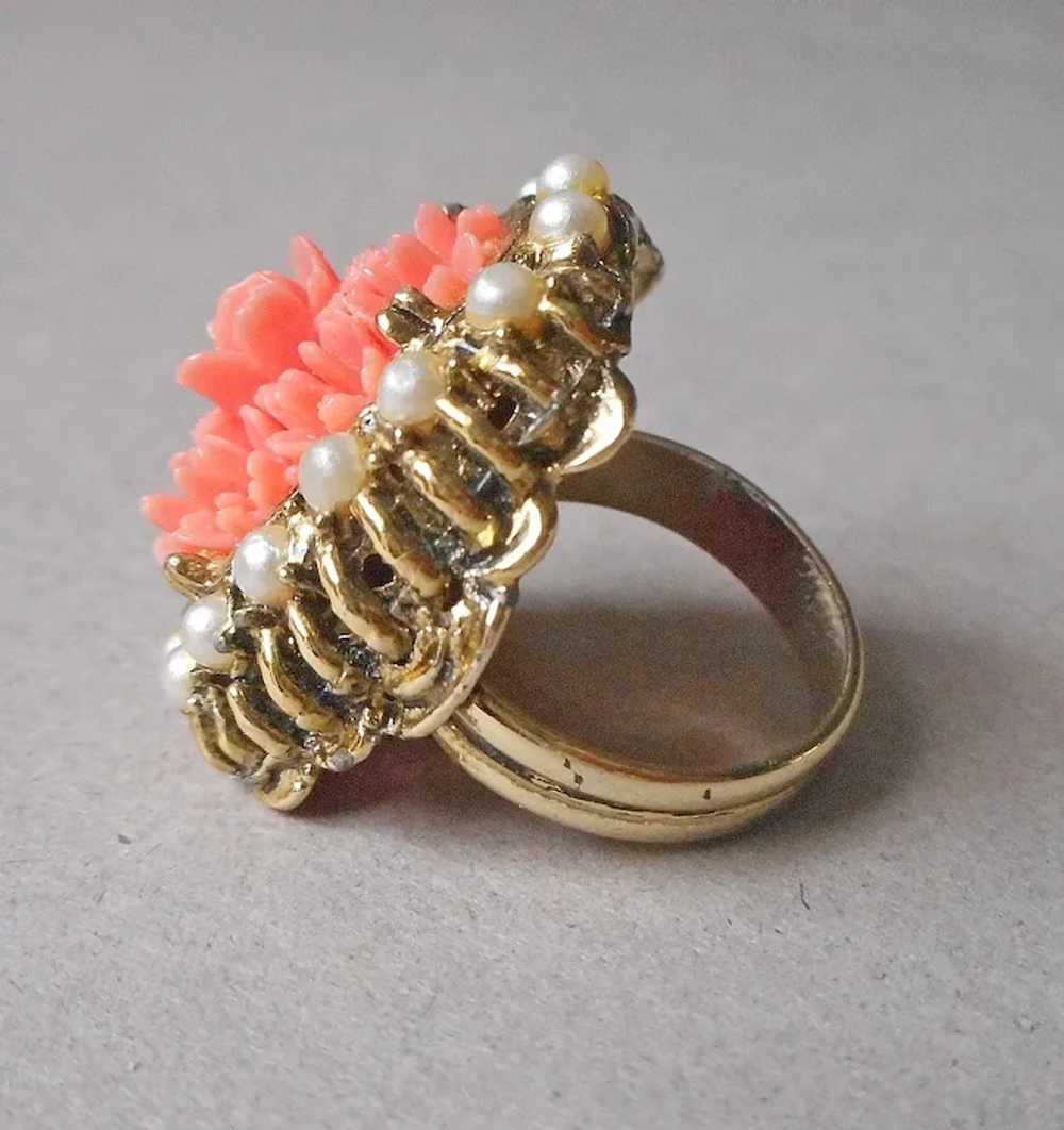 Faux Carved Coral Flowers Faux Pearls Ring Vintag… - image 2