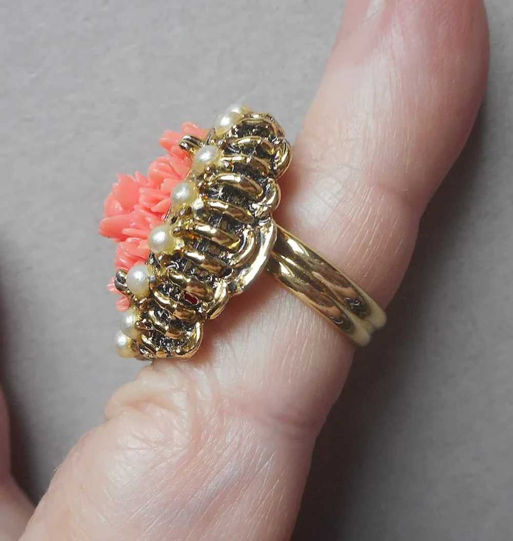 Faux Carved Coral Flowers Faux Pearls Ring Vintag… - image 7