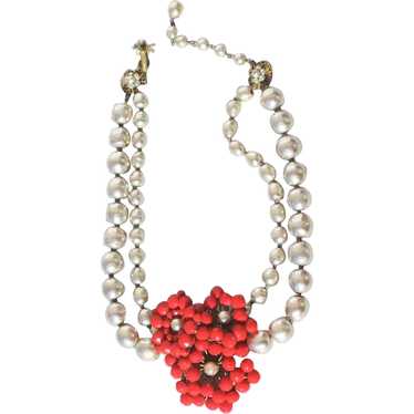 Miriam Haskell Faux Grey Pearl and Red Bead Floral