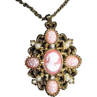 Vintage Cameo Coral Pendant/Necklace Art Glass, F… - image 1