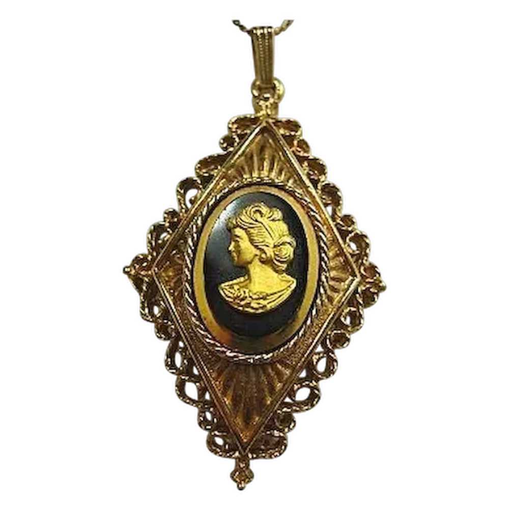 Black/Gold Glass Cameo Lacy Ornate Gold Tone Pendant/… - Gem