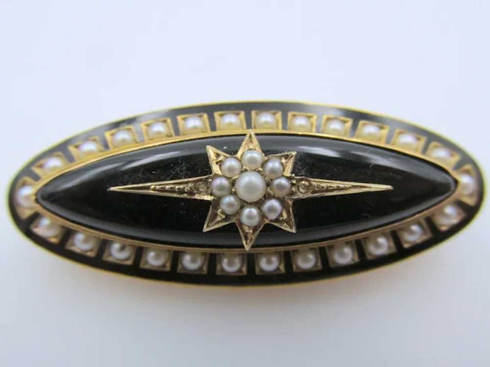 Victorian 18K Gold Onyx and Seed Pearl Mourning B… - image 2