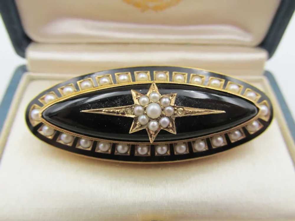 Victorian 18K Gold Onyx and Seed Pearl Mourning B… - image 3