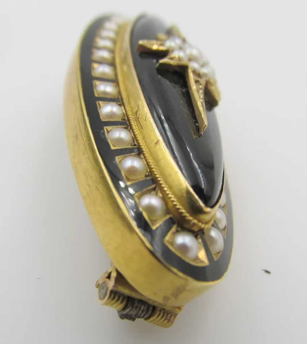 Victorian 18K Gold Onyx and Seed Pearl Mourning B… - image 4