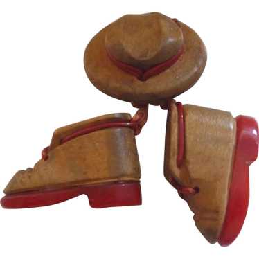 Red Bakelite & Wood Hiking Boots & Hat Pin Brooch