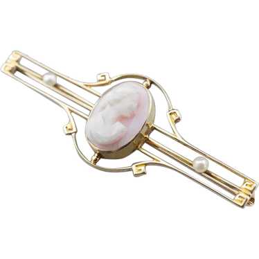 Art Nouveau Pink Cameo Seed Pearl Brooch