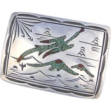 Vintage Silver Buckle Native American Design Turq… - image 1