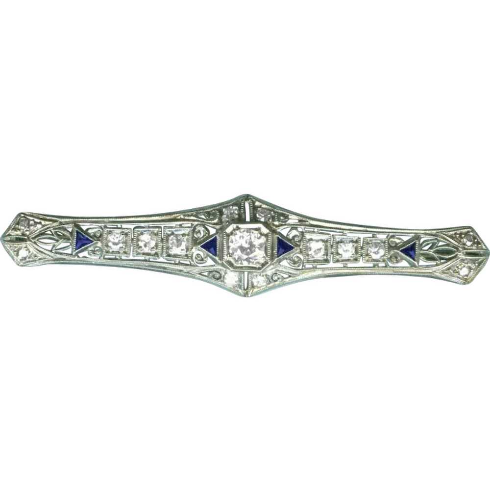 Elegant Edwardian Diamond Sapphire Bar Brooch c. … - image 1