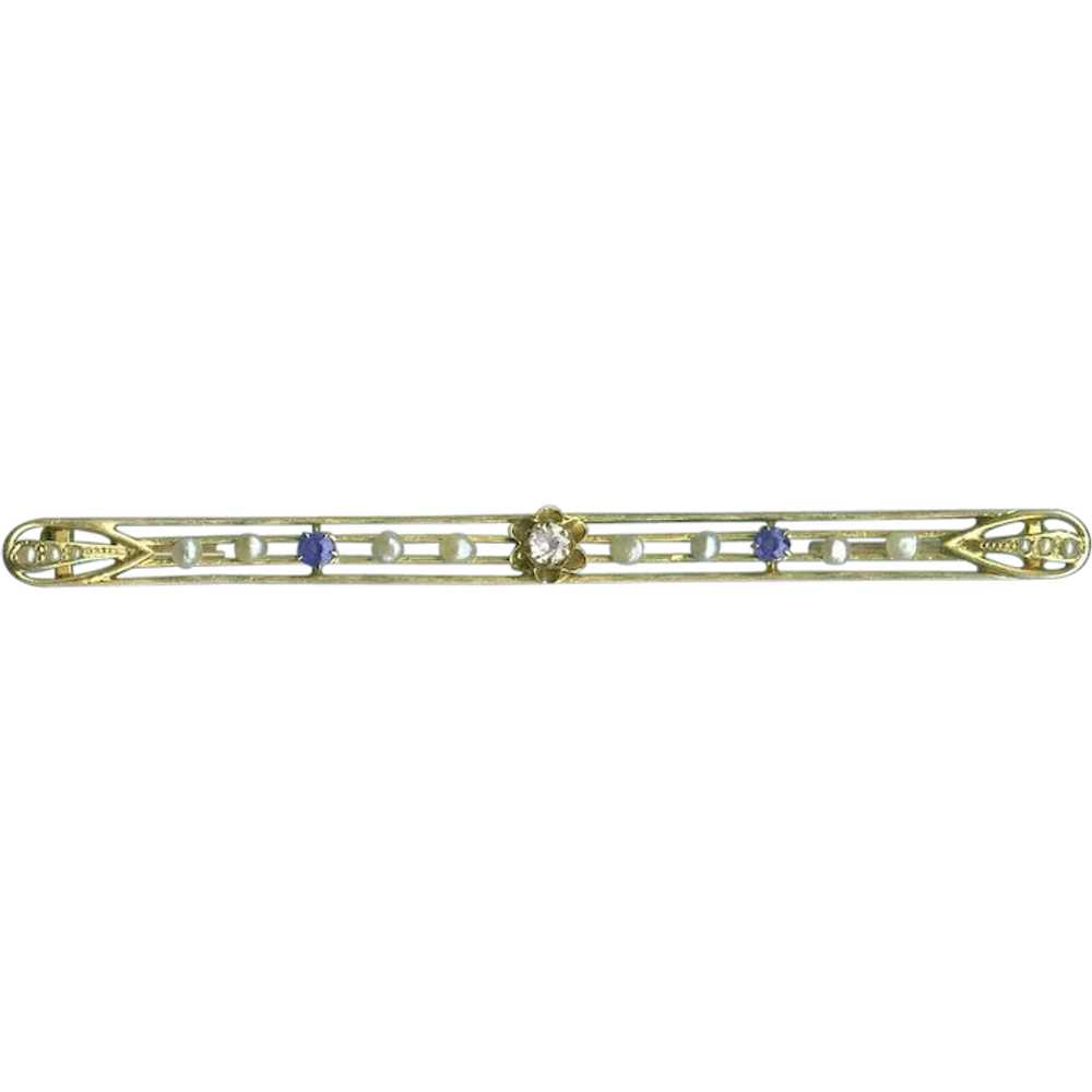 Special Nouveau Diamond Sapphire Pearl Brooch c. … - image 1