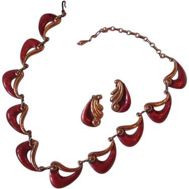 1950s Atomic Era Matisse Red Enamel Copper Necklac