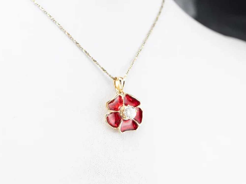 Diamond Enamel Poppy Flower Pendant - image 10