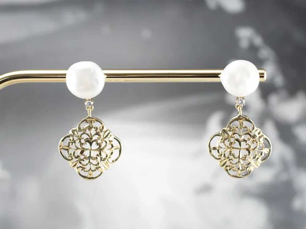 Cultured Pearl Ornate Filigree Drop Earrings - image 10