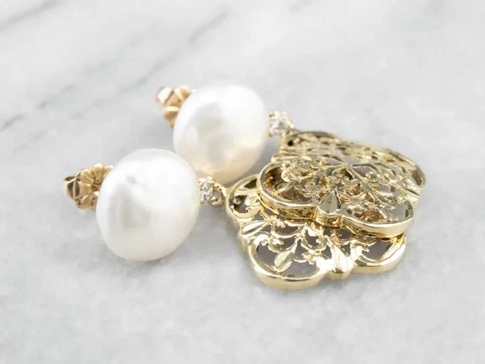 Cultured Pearl Ornate Filigree Drop Earrings - image 2