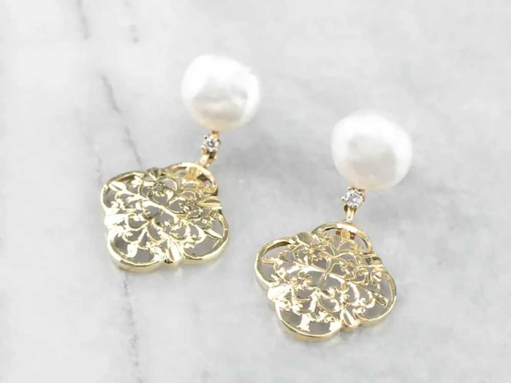 Cultured Pearl Ornate Filigree Drop Earrings - image 3