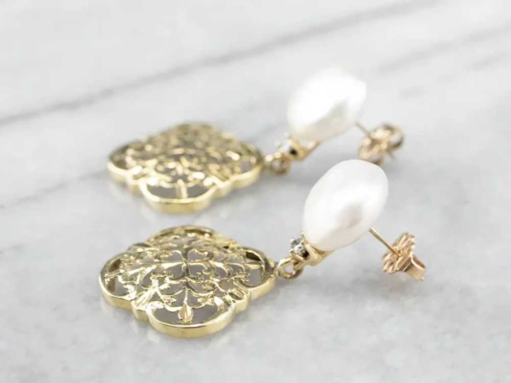 Cultured Pearl Ornate Filigree Drop Earrings - image 4