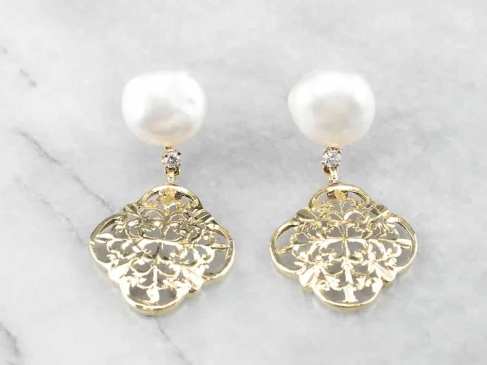 Cultured Pearl Ornate Filigree Drop Earrings - image 6