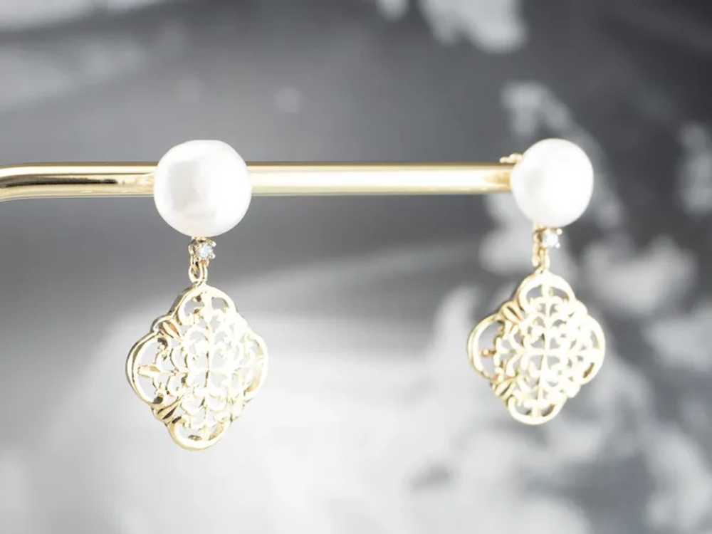 Cultured Pearl Ornate Filigree Drop Earrings - image 8