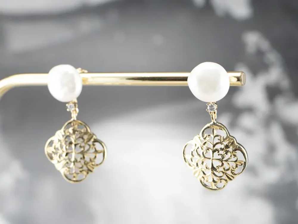 Cultured Pearl Ornate Filigree Drop Earrings - image 9