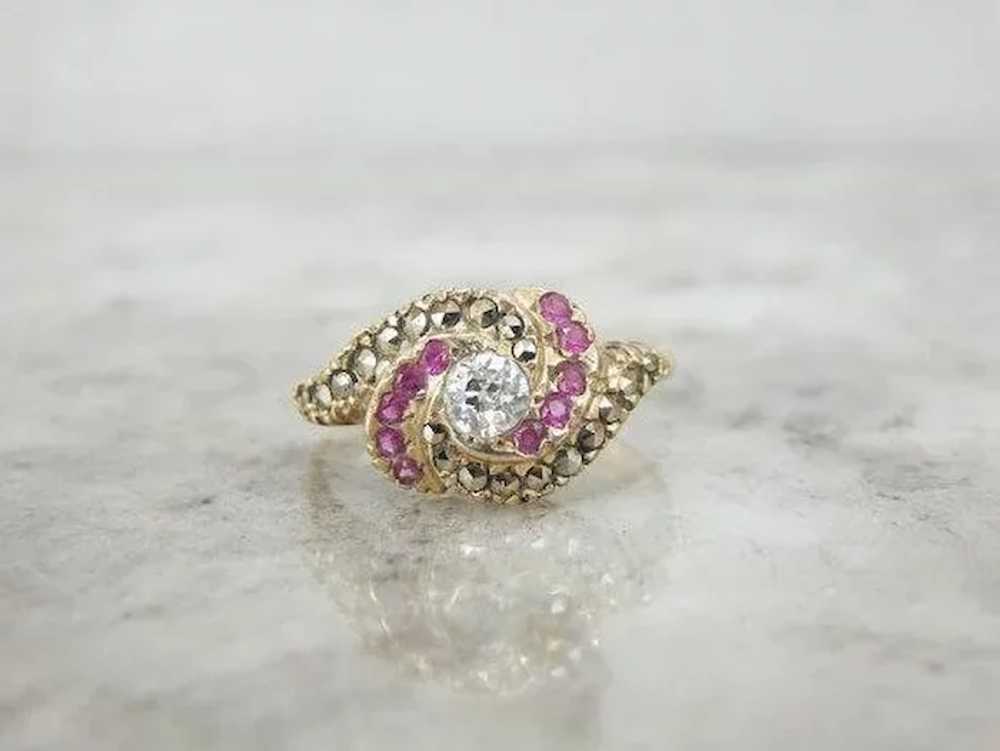 Ruby And Marcasite Ring With Diamond Center - image 2