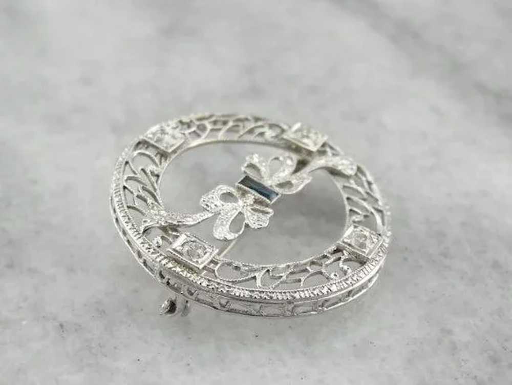 Diamond Art Deco Filigree and Sapphire Circle Pin - image 2