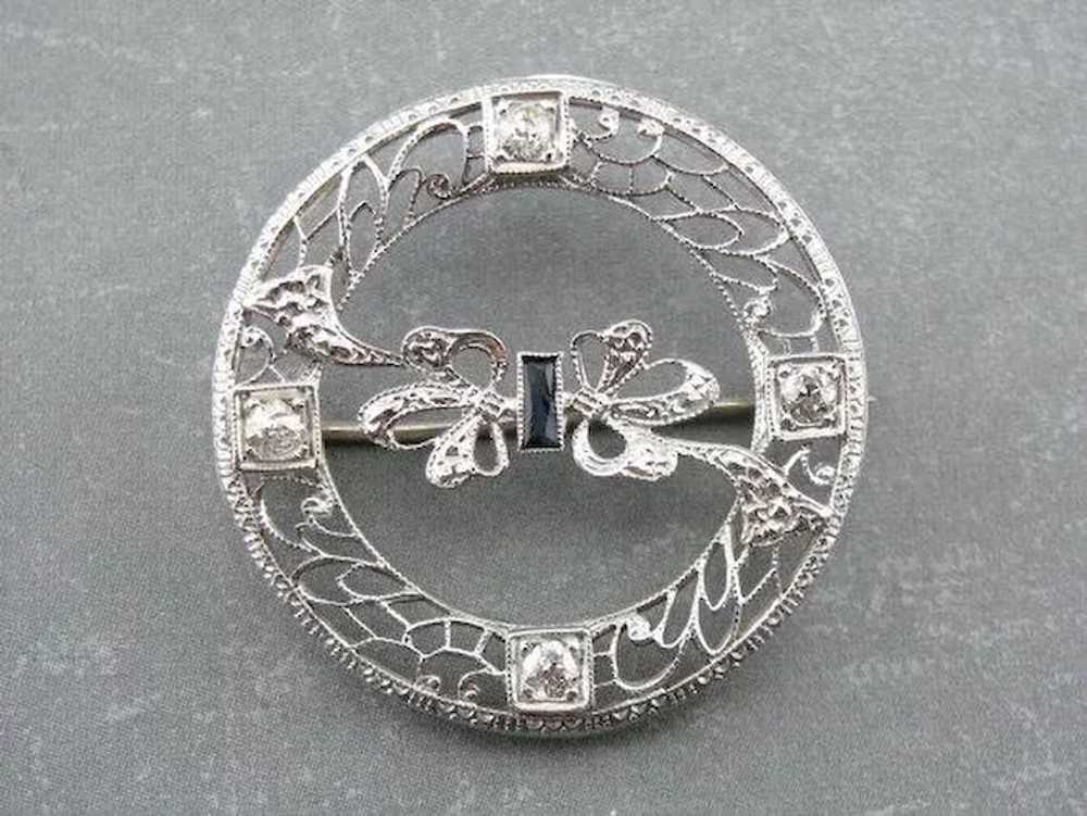Diamond Art Deco Filigree and Sapphire Circle Pin - image 4