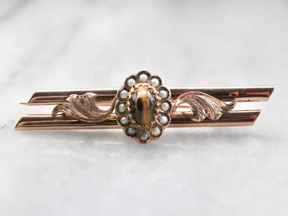 Victorian Tigers Eye and Seed Pearl Brooch - image 2