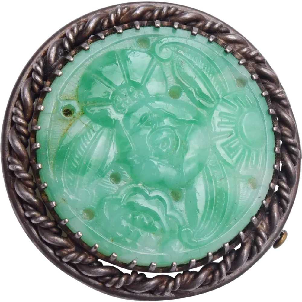 Green Carved Peking Glass Oriental Brooch - image 1